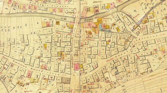 Ein Ortsplan von Neuhausen aus dem Jahr 1845 mit Ergänzungen bis 1929. FOTO: STADTARCHIV METZINGEN