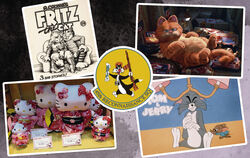 Fritz the Cat, Garfield, Tom und Hello Kitty (im Uhrzeigersinn von links oben). Kater Sylvester auf dem Abzeichen einer Einheit 