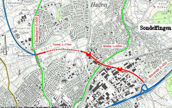 Der Übersichtslageplan aus dem Bundesverkehrswegeplan: Die rote Linie zeigt grob den bisher geplanten Verlauf der neuen Trasse.