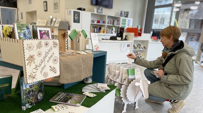 Eine Besucherin stöbert in der die neuen Saatgutbibliothek in der Eninger Bücherei.