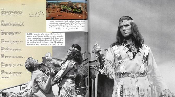 Eine Drehbuchseite und die entsprechende Filmszene: Winnetou kämpft gegen Old Shatterhand.  FOTOS: RIALTO FILM/KARL MAY VERLAG