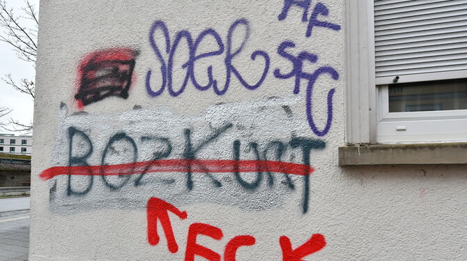 Ein Graffiti in der Reutlinger Innenstadt, das den »Grauen Wölfen«, türkischen Ultranationalisten, huldigt. Durchgestrichen von