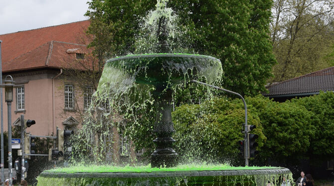 Fällt auf jeden Fall auf: Aus dem Brunnen vor der Neuen Aula in Tübingen sprudelt grünes Wasser.