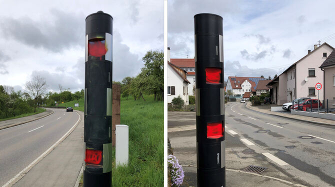 Die beiden Blitzersäulen in Kusterdingen wurden vermutlich in der Nacht von Freitag auf Samstag mit roter Farbe beschmiert.
