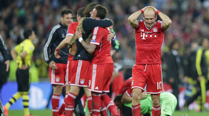 25. Mai 2013: Der Bayern besiegt im Champions-League-Finale Dortmund mit 2:1. Arjen Robben (rechts) kann es nicht  fassen.