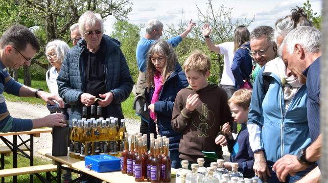 Albvereinswanderer am reich gedeckten Tisch mit flüssigen Mössinger Streuobstwiesenprodukten. FOTO: MEYER