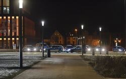 Sammeln vor der Stadthalle: Dutzende Streifenwagen waren bei der Großkontrolle am späten Donnerstagabend im Einsatz.