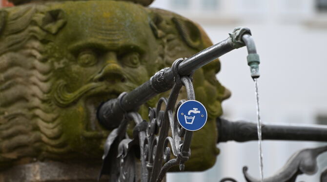 Blaue Schilder an den Wasserspeiern des Kaiser-Maximilian-Brunnen auf dem Reutlinger Marktplatz signalisieren: Hier kommt Trinkw