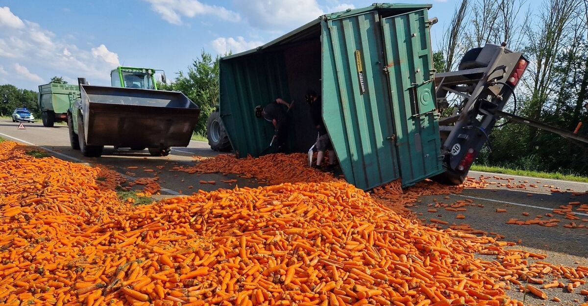 Umgekippter Traktor mit Möhren Umgekippter Traktor mit Möhren