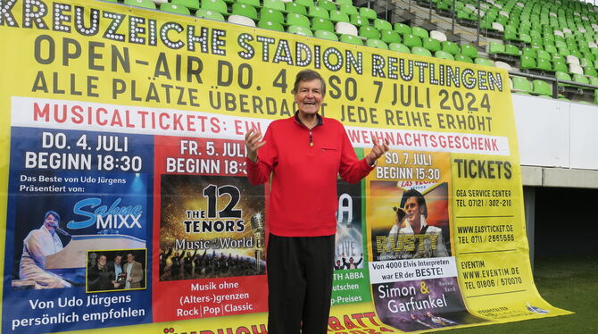 heinz bertsch kreuzeiche-stadion plakat open air tribute konzerte foto akr Damals schien alles noch bestens: Bertsch voller Optimismus beim Pressetermin im Dezember im Reutlinger Kreuzeiche-Stadion.
