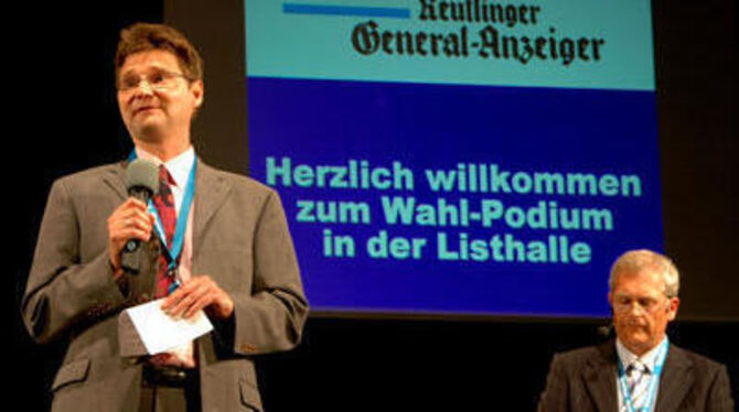 Das GEA-Team: Christoph Irion und Roland Hauser fühlten den Kandidaten auf den Zahn.
GEA-FOTO: PACHER