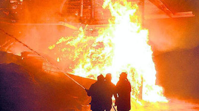 Die Feuerwehren aus Ofterdingen, Mössingen und Nehren waren beim Brand der Heu-Lagerhalle im Einsatz.
FOTO: MEYER