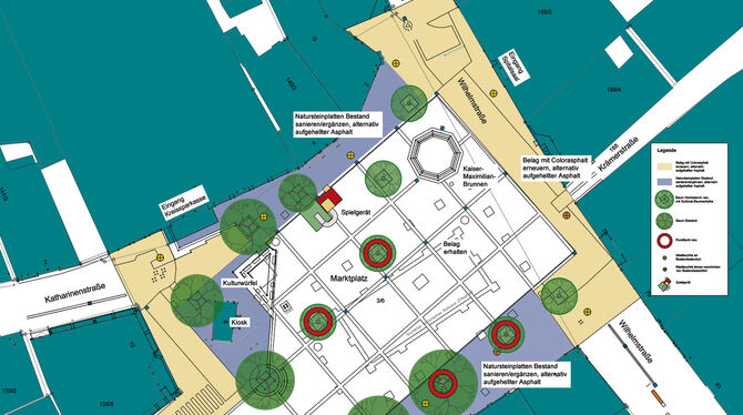 Die Ideen, mit denen die Stadt auf die Beschicker zugegangen war: Die großen grünen Kreise  zeigen den Baumbestand, die kleinen