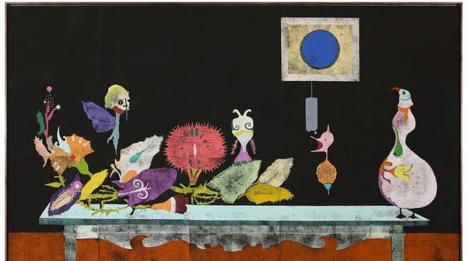 gert und uwe tobias stillleben tischgesellschaft kunsthalle tübingen foto Skurrile Tischgesellschaft: Holzdruck von Gert und Uwe Tobias in der Kunsthalle Tübingen.