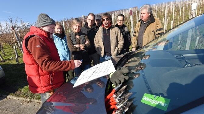 Gerhard Fritz (links) mit Stift, Papier und Rebscheren ausgerüstet, erklärt zunächst Grundsätzliches zum Schnitt, bevor es in di