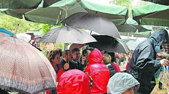 Regenschirme und wetterfeste Kleidung waren Pflicht gestern beim Jazz-Frühschoppen im Betzinger Museumsgarten.
GEA-FOTO: USCHI PACHER