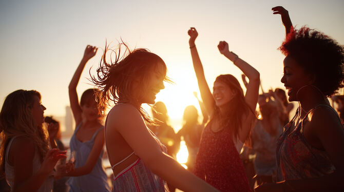 Tanzen, Feiern, Party, Feier, Sommer, Menschen, Spaß, Sonnenuntergang, Festival So locker und frei wie auf dem Bild, sollen sich die Besucherinnen und Besucher beim ersten Waldfestival in Eningen fühlen.