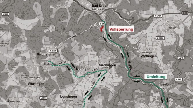 Die Skizze des Landratsamts Reutlingen zeigt die Umleitungsstrecken, während die Sirchinger und die Hanner Steige gesperrt sind.