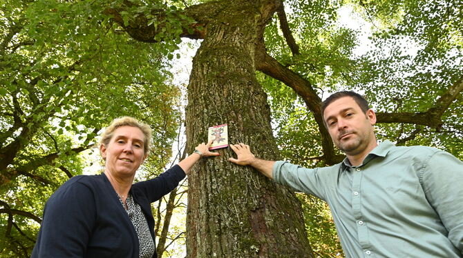 Ein Schild zeichnet diesen »Habitatbaum« im Stadtgarten aus. Katrin Reichenecker und Salmir Coralic von der Stadt erklären seine