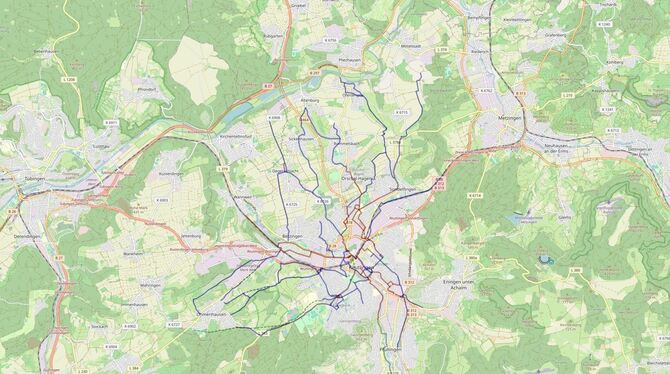 ADFC So sieht das Radroutennetz für Reutlingen aus, das der ADFC zur Pressekonferenz präsentierte: Rot ist das rund 30 Kilometer lang