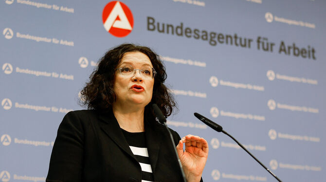 bay, lby, Arbeitsmarkt Andrea Nahles, Vorstandsvorsitzende der Bundesagentur für Arbeit (BA), spricht zur Lage auf dem deutschen Arbeitsmarkt.