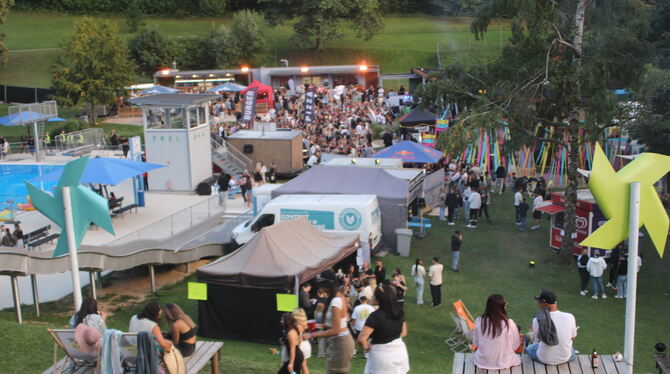 Waldfestival Eningen um acht Uhr abends: Von der Anhöhe hatte man den besten Überblick auf die obere Bühne.