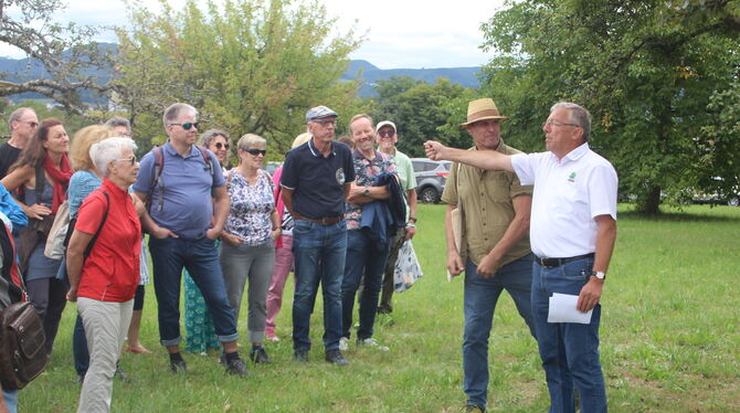 Streuobstwiesen Stockach Willy Junger vom OGV Stockach (weißes Hemd) und Joachim Löckelt (mit Hut) führten durch die Stockacher Streuobstwiesen.