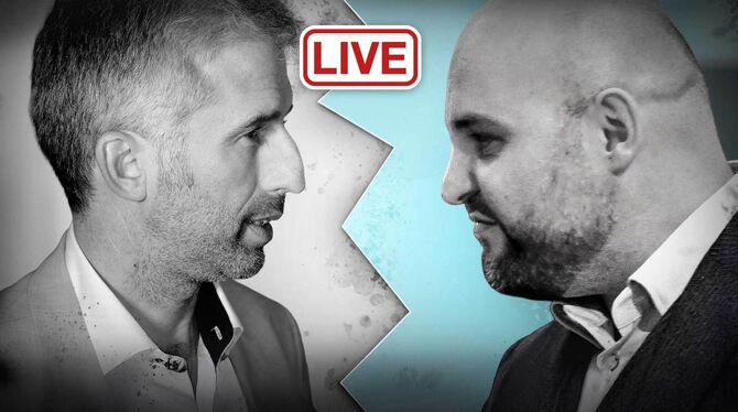 Boris Palmer (links) und Markus Frohnmaier diskutieren in Tübingen. Boris Palmer (links) und Markus Frohnmaier diskutieren in Tübingen.