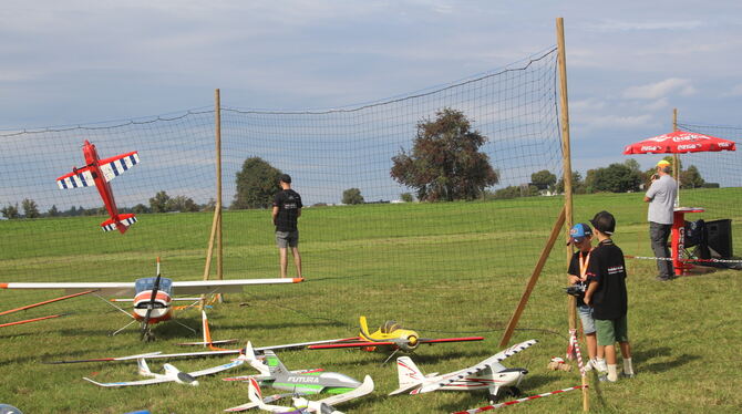 Auch wenn es so aussieht, als ob das Modellflugzeug im Fangzaun hängt: Steffen Henne, rechts daneben, lässt seinen Flieger hier