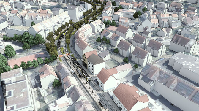 Klosterstraße, Regional-Stadtbahn, Pfullingen Die Haltestelle in der Klosterstraße: Dort teilen sich Stadtbahn und Individualverkehr die Straße.