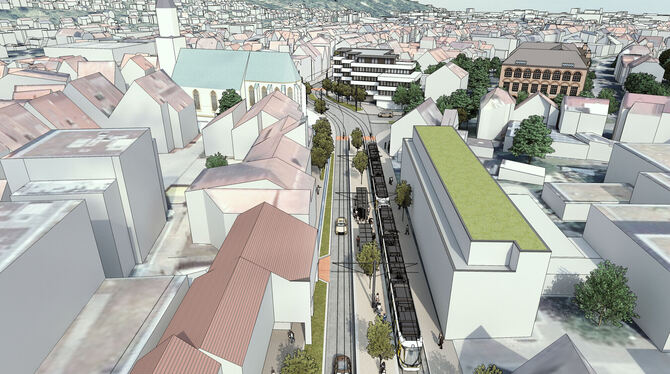 Regional-Stadtbahn, Pfullingen Auf Höhe der Neuen Mitte würde die Stadtbahn (auf der Innenstadttrasse) beim Haus am Stadtgarten halten.