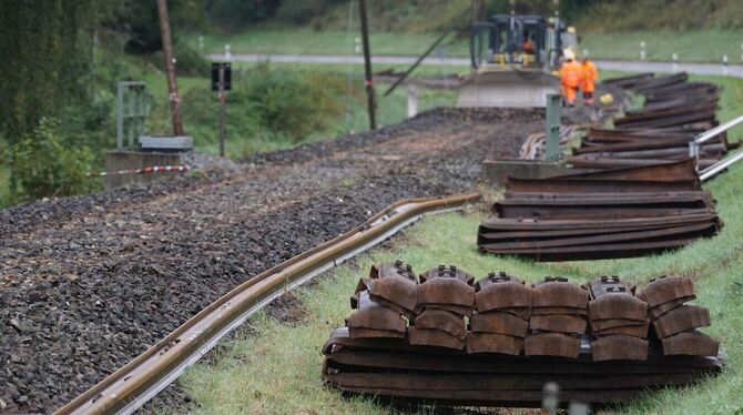 Die Fachfirmen sind gegenwärtig mit dem Ausbau der alten Teile der Bahnstrecke beschäftigt.  FOTOS: LENK
