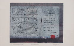 Kirchenlied mit angedeutetem Text: Druckgrafik von Klaus Herzer in seiner Ausstellung im Holzschnitt-Museum in Öschingen.