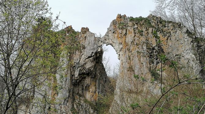 Der Küssende-Sau-Felsen bei Blaubeuren.