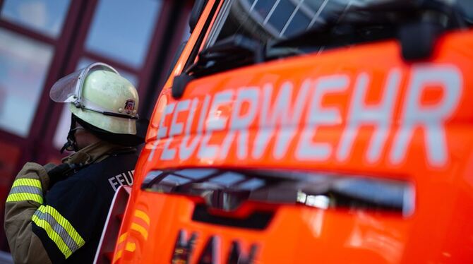 Feuerwehrmann steht neben einem Feuerwehrauto (Symbolbild)