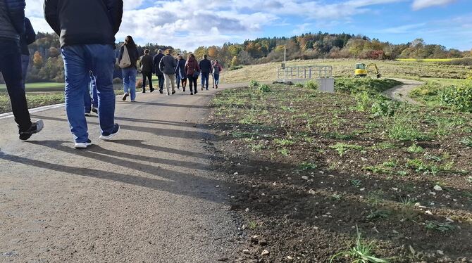 Hochwasserrückhaltebecken Sonnenbühl Erpfingen Hochwasserschutz Der Wirtschaftsweg führt über den Damm des Hochwasserrückhaltebeckens.