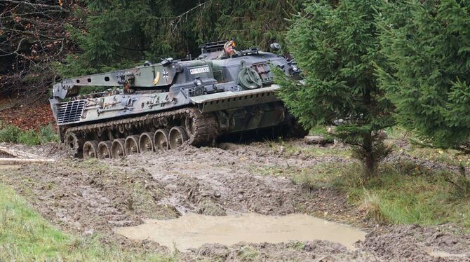 Der Bergepanzer im Gewann Kalksbuch, nicht weit entfernt sind die ehemaligen Schießbahnen 12 und 13. FOTOS: LENK Der Bergepanzer im Gewann Kalksbuch, nicht weit entfernt sind die ehemaligen Schießbahnen 12 und 13. FOTOS: LENK