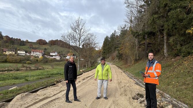 Tobias Halm, Marcus Friedrich und Corinna Himming (von rechts) begutachten die Felsräumungsmaßnahmen in Gundelfingen.