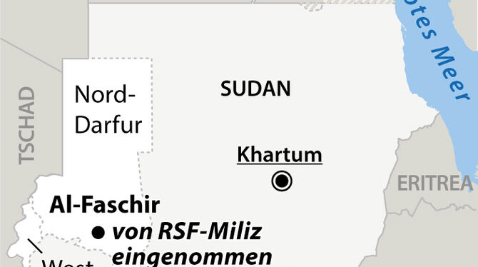 Konflikte, Sudan, Al-Faschir, Miliz, RSF-Miliz, dpa-Grafik, dpagrafik, Grafik, Infografik, Info-grafik, dpa-infografik, dpa-info Eine Karte des Sudan mit Nord- und West-Darfur
