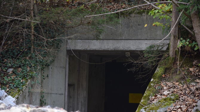 Munitionsbunker, Schindhau Die Zugangstore der Munitionsbunker liegen hinter großen Steinhaufen verborgen.