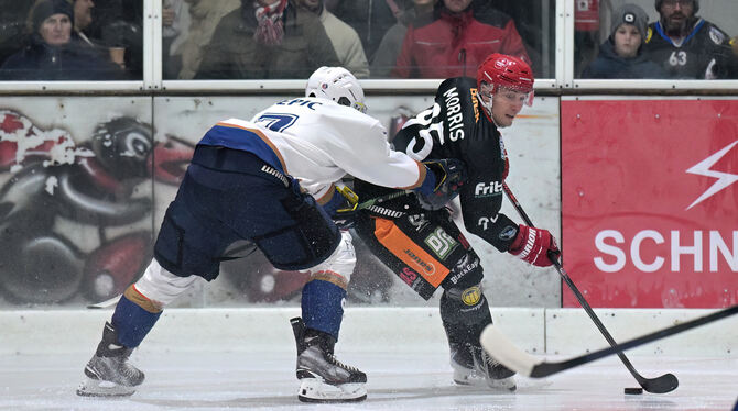BW Liga, BWL, Baden-Wuerttemberg Liga, EBW, Eishockey, Maenner, Saison 2025/26 Remi Morris (rechts) setzt sich gegen den Pforzheimer Alex Kepic durch. Für seine Black Eagles erzielt er drei Treffer.