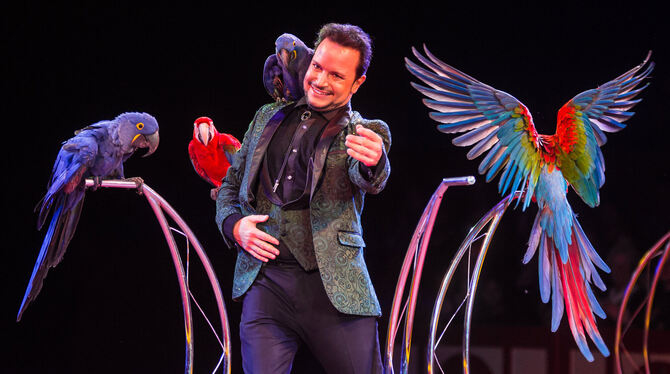 Circus, Wildtiere, Tiere, Artenschutz, Zirkus, Alessio Künstler Alessio 2017 bei einer Papageien-Show im Circus Krone auf dem Cannstatter Wasen in Stuttgart - Vögel könnten auch im Re