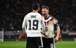 Joshua Kimmich (rechts) jubelt mit Doppeltorschütze Leroy Sané.  FOTO: MICHAEL/DPA