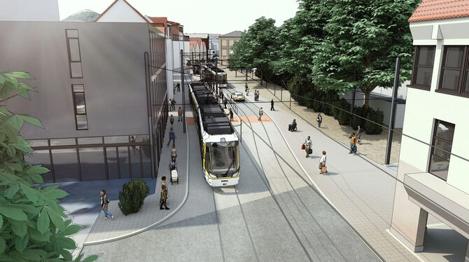 Regional-Stadtbahn Neckar-Alb Stadtbahn RSB Gartenstraße So könnte der Albtorplatz mit Stadtbahn aussehen - wenn sich der Gemeinderat im Dezember für die Variante Gartenstraße entscheid