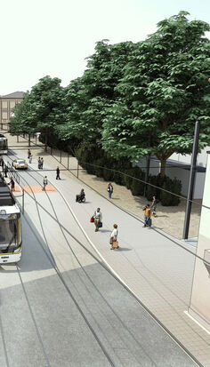 Zur Trasse Gartenstraße böge die Stadtbahn am Lindachknoten ab: Die Visualisierung zeigt die Haltestelle Albtorplatz.