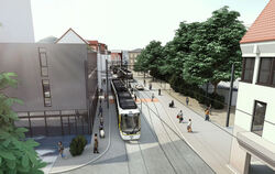 Zur Trasse Gartenstraße böge die Stadtbahn am Lindachknoten ab: Die Visualisierung zeigt die Haltestelle Albtorplatz.