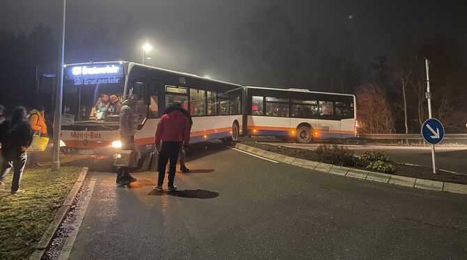 Bus SEV Schienenersatzverkehr Mona Bus Riederich Zubringer B 312 Dieser Bus des SEV steht quer auf der Auf- und Abfahrt zur B 312 in Riederich. Der Fahrer wollte wenden, weil er sich verfahren