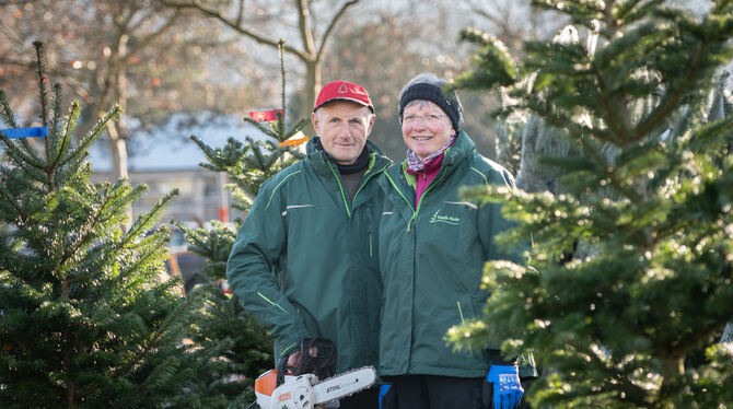 Die Holzelfinger Eheleute Hans und Hella Fischer gehören zu den ganz treuen Händlern des großen Reutlinger Christbaummarkts auf