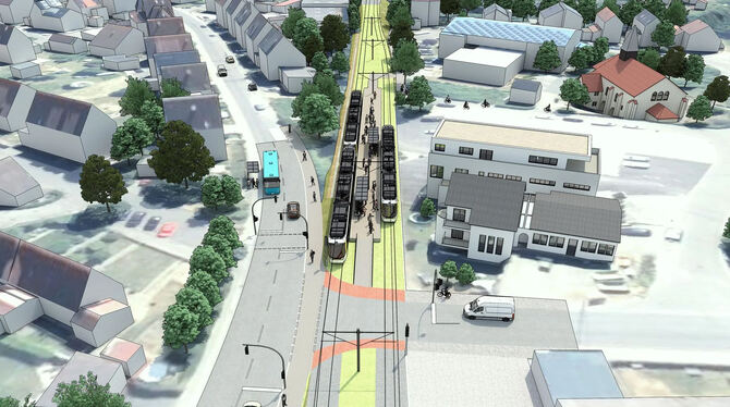 Die Visualisierung zeigt die Alte Bahntrasse mit dem Haltepunkt Süd beim Haldenäckerweg.