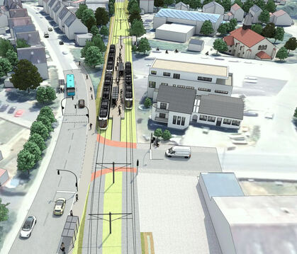 Die Visualisierung zeigt die Alte Bahntrasse mit dem Haltepunkt Süd beim Haldenäckerweg.
